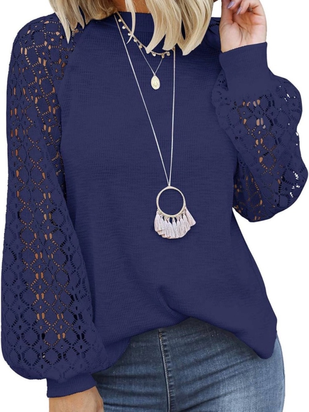 Lace Sleeve Knit Top in Navy
